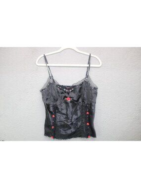 First Kiss Vtg. Black Satin Cropped Babydoll Top-Medium-Mesh-Beaded-Whimsigoth